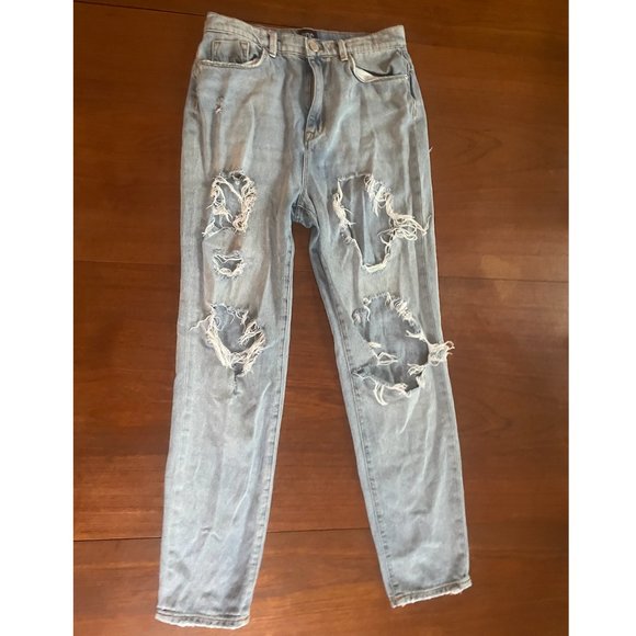 High Rise Ripped Light Wash Mom Jeans, 28 - Picture 1 of 3